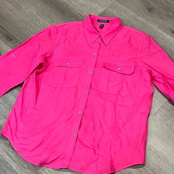 Women’s XL 100% Linen Pink Button Front Beach Vacation Lightweight Classic Shirt - Picture 2 of 9